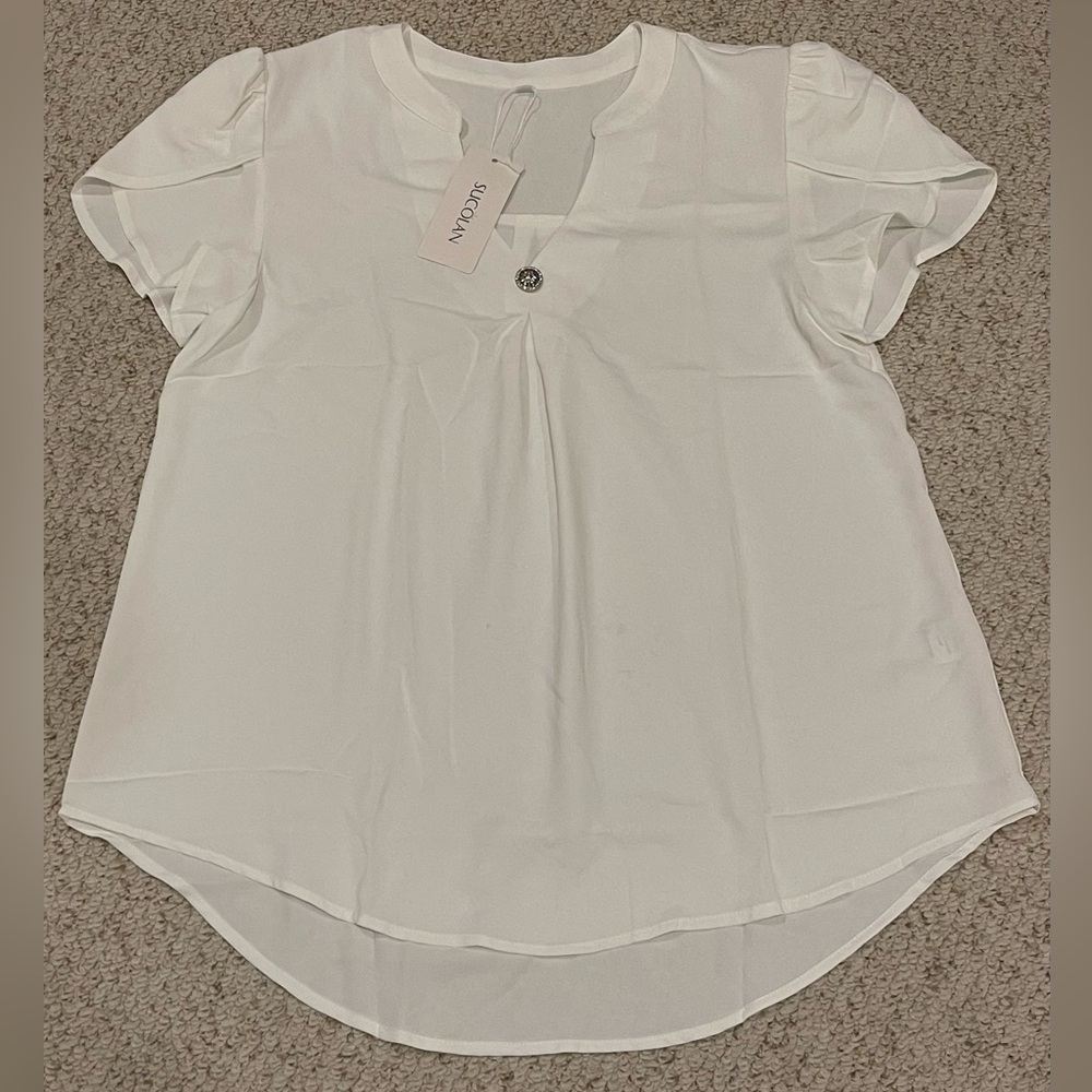 Women V-neck Blouse Top Elegant T-shirt Ruffle Short Sleeve Loose Summer Shirt L